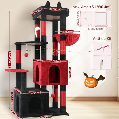 Image of Globlazer Gothic Cat Tower for Indoor Cats, Heavy Duty Goth Cat Trees for Large Cats Adult Big Cats Maine Coon Cat Tree with Scratching Post, Extra Large Top Perch, Cat Condos, F61, Blood-Goth, 61inch