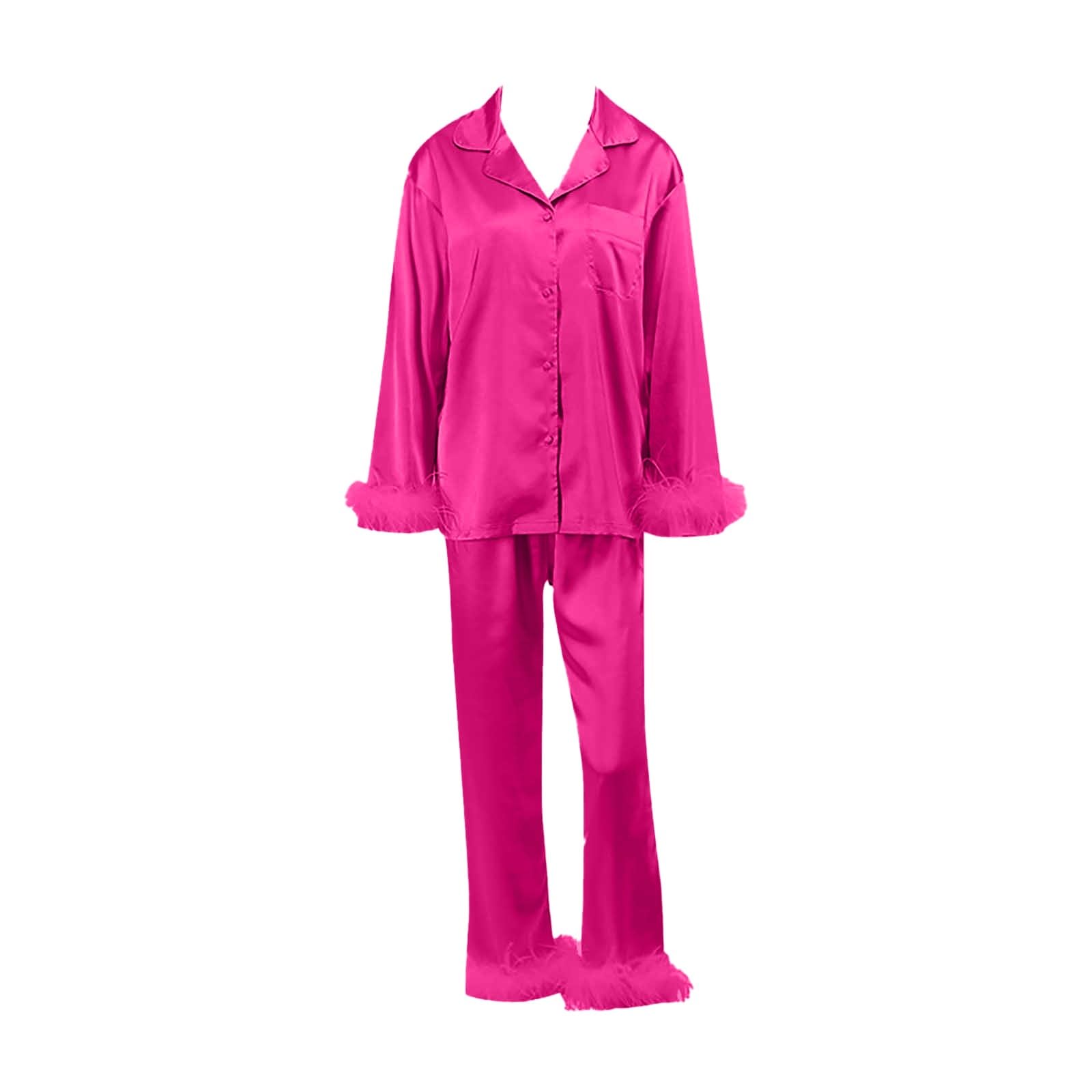 Conjunto de pijama de satén para mujer, parte superior con botones frontales, mangas largas, pantalones a juego, ribete de plumas, suave, ligero, comodidad nocturna para dormir, descansar en casa
