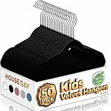 HOUSE DAY 14 Inch Kids Velvet Hangers 50 Pack, Durable Big Kid Hangers for Youth, Teen, Non Slip Kids Felt Hanger, Cute Childrens Hanger for Closet, Black