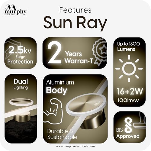 Image of Murphy 16W+2W LED Mirror Light | 3 Color Changing (White /Warm /Natural) | Full Brass Finish - Sun Model, Modern Over Mirror Vanity Light | Pack of 1 | 2-Year Warranty