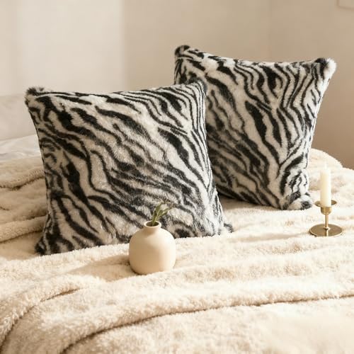 Image of Black White Square Pillow Cover Soft Fluffy Fuzzy Faux Fur Zebra Stripe Throw Pillows Modern Decorative Accent Cushion Covers Pillowcase for Couch Sofa Living Room Bedroom, 18x18