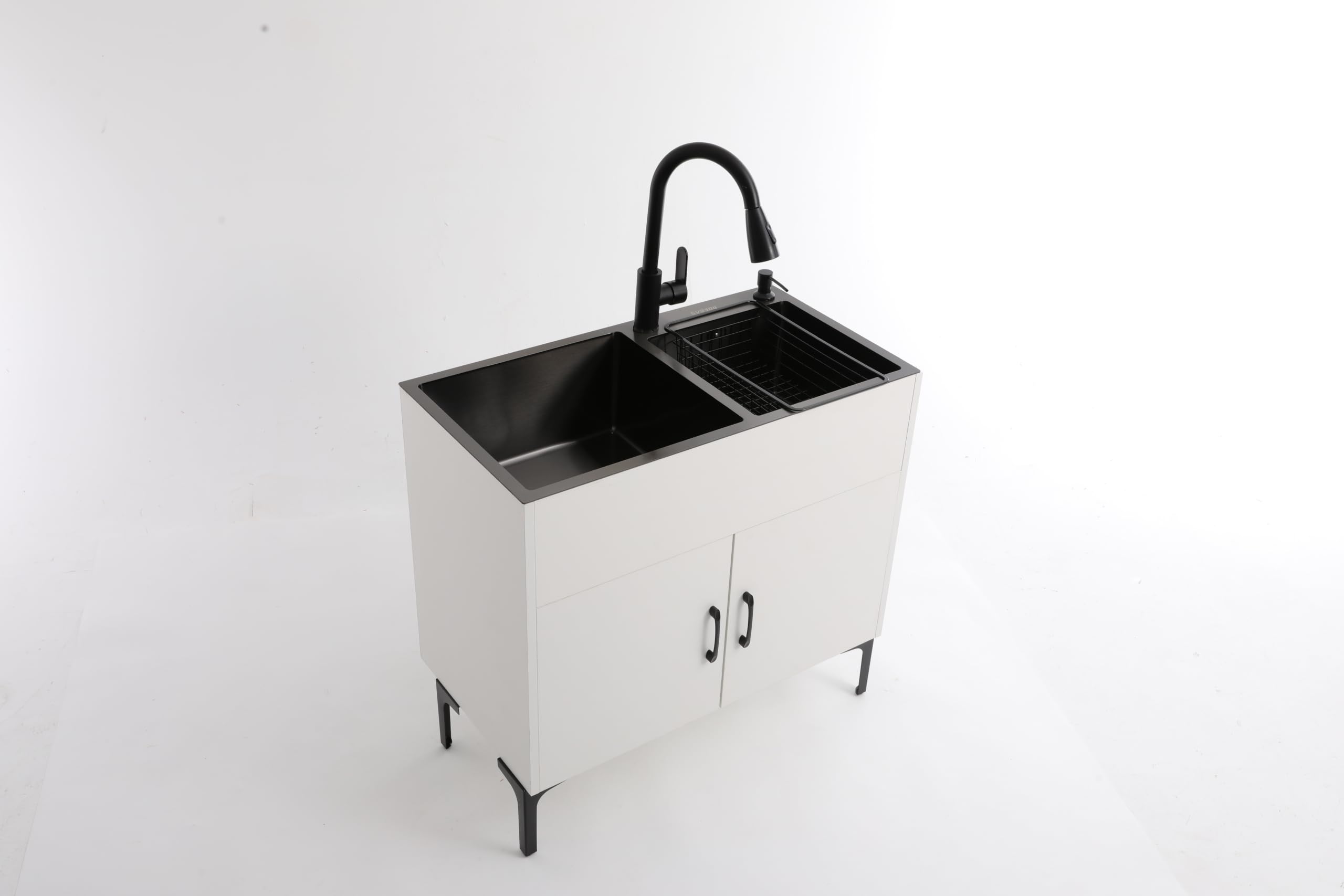 Lavello da cucina autoportante con mobiletto e rubinetto, lavello in acciaio inox con 2 vasche, scolapiatti e unità di scarico, per cucina, giardino, officina, lavanderia, campeggio (bianco)