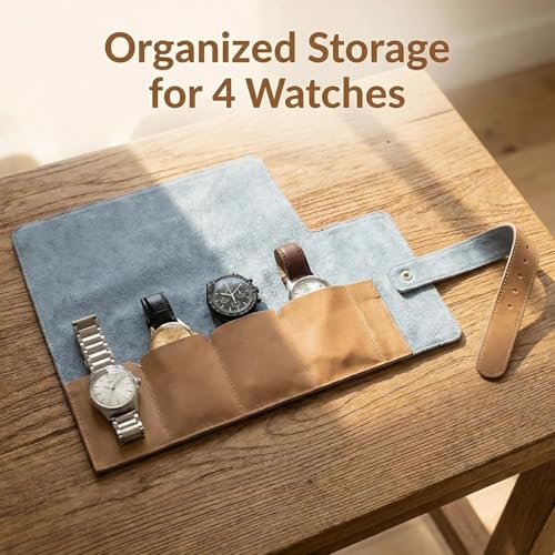 Image of Folk Creations Watch Roll for 4 Watches | Vegan Leather Travel Case for Men | Velvet Cushion Organizer | Gift for Collectors | Scratch-Proof Watch Storage Box, Tan