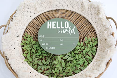 Image of Baby Announcement Sign for Newborn Boys and Girls (Color Bases) - Hello World Nursery Decor Sign & Photo Prop for Babies Made of Birch Wood - 6 inch Circle Board (Green)