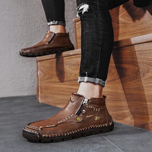 Stepthetop Motorcycle Boots, Men's Casual Leather Shoes Loafers Comfortable Boots Hand Stitched Mid-top Loafers3