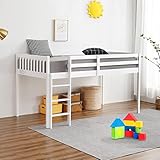 JOYMOR Loft Bed Twin Size Wood Loft Bed Frame for Kids Junior Adults with Full-Length Guardrail and Ladder (Low Loft)