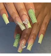 Green Press on Nails Long False Nails Coffin Fake Nails with Butterfly & Glitter Designs for Wome...