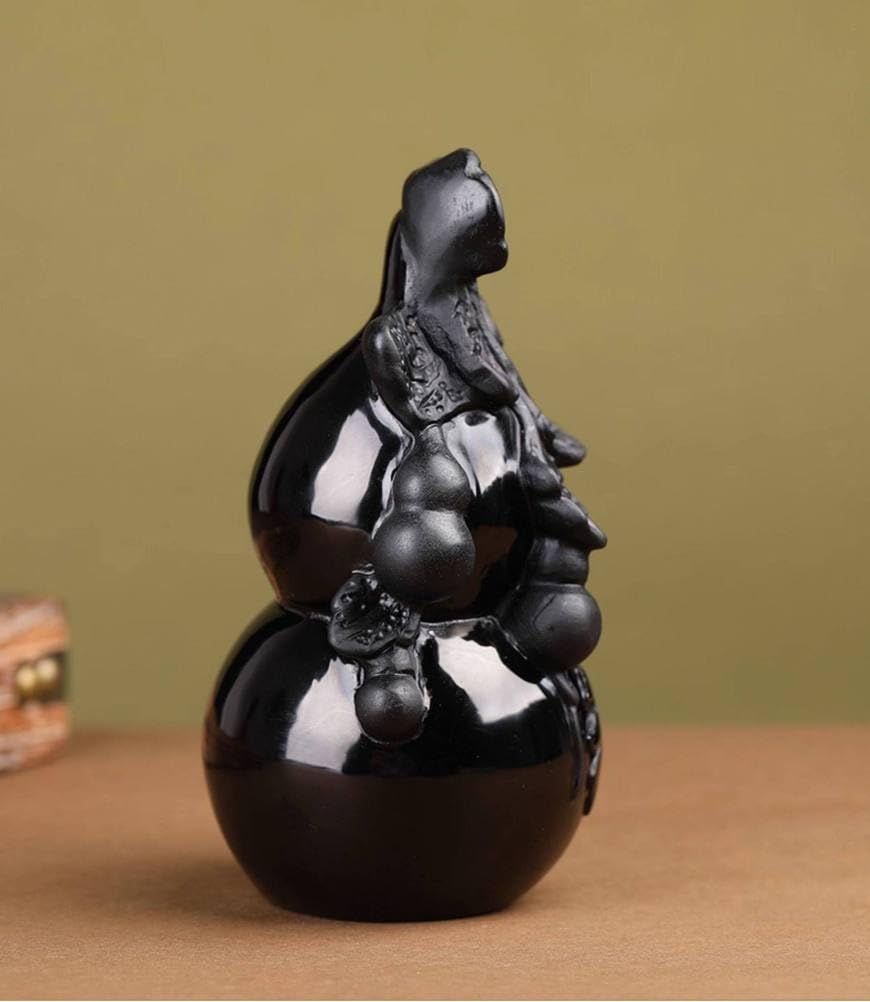 Naturalna obsydianowa figurka Fu tykwa – chińska ozdoba tykwa Feng Shui | Ochronna statua z czarnego obsydianu z postacią Fu, pomyślna dekoracja i prezent na szafce nocnej w sypialni, ok.