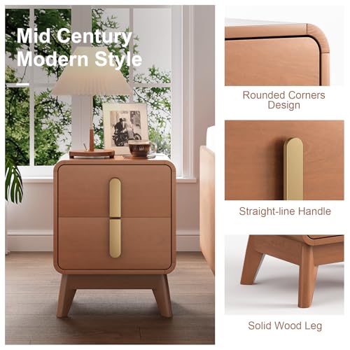 Image of JOINICE Mid Century Modern Night Stand Set of 2 for Bedroom, Cherry | Bed Side Table with Storage for Living Room, Bedroom, Veneer Finish, 2 Large Drawers with Golden Handles, Accent Piece