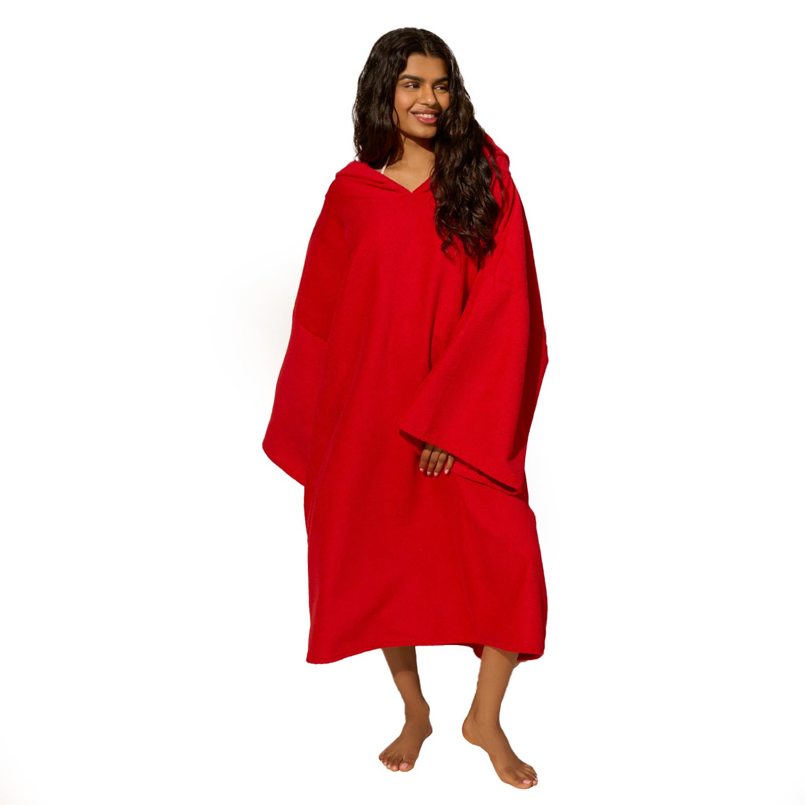 Ohs Women's Red Towel Poncho Adult Quick Dry Beach Towels For Adults Hooded Large Bath Swim Surf Beach Absorbent Soft Microfibre Towel Changing Robe,
