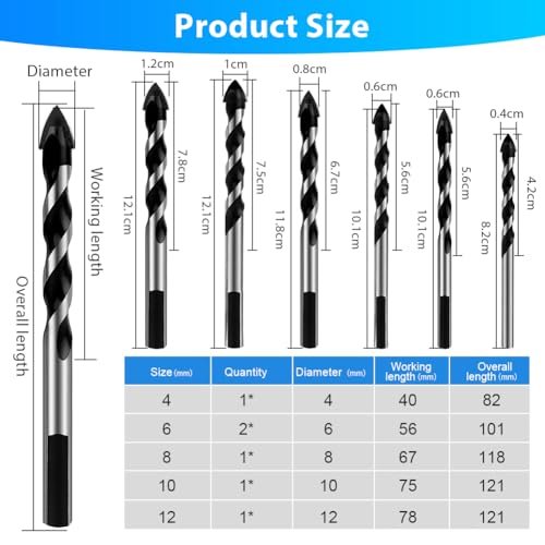 flintronic Fliesenbohrer Set, Fliesenbohrer Glasbohrer Set, 6 Stück Fliesenschneider-Set(4/6/6/8/10/12mm), Legierung Bohrer Sets für Kohlenstoffstahlfliesen, Holz, Keramik, Glas, Beton, Kunststoff