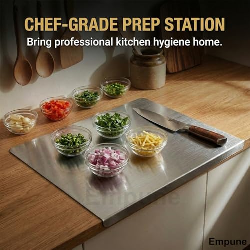 Image of Stainless Steel Chopping Board with Lip | 42 x 32 cm | Heat-Resistant up to 200C | Reversible, Food-Grade Steel Cutting Board | Free 2 Steel Straws | Medium