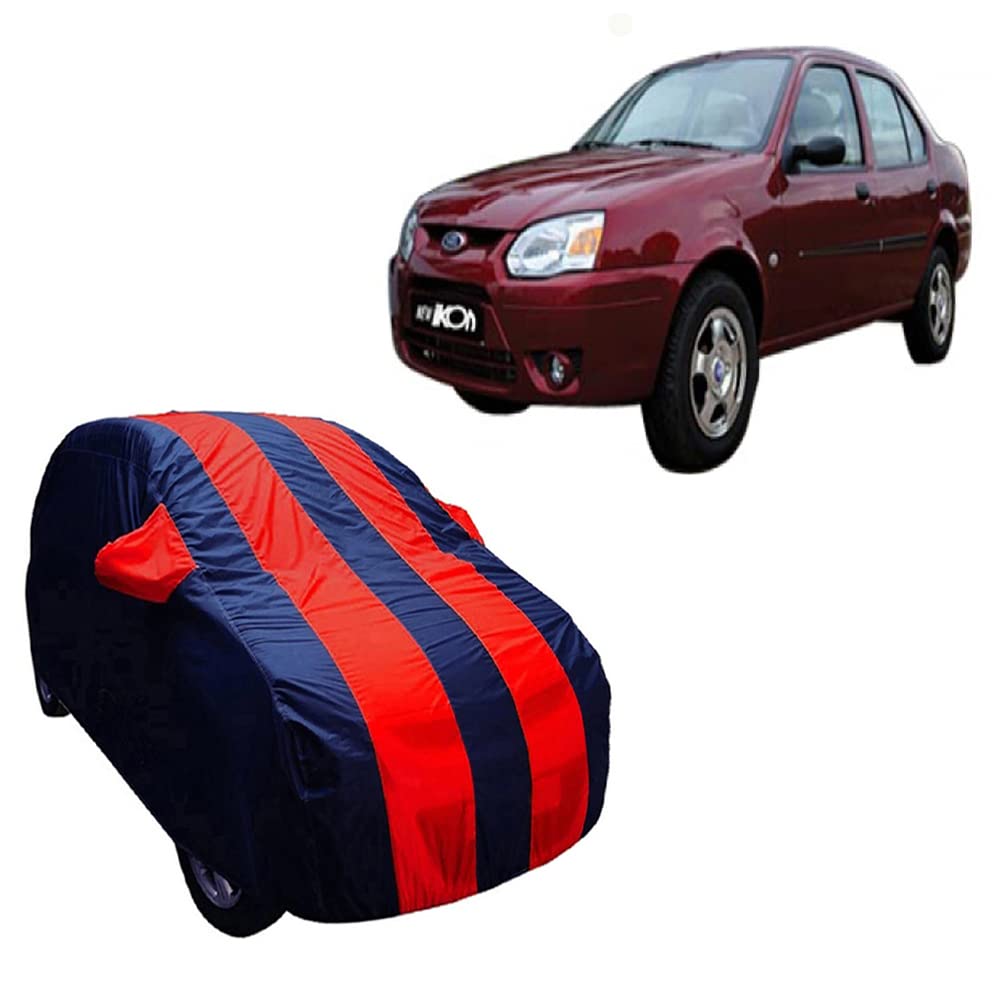 ABS AUTO TREND Stylish Red Stripe Car Body Cover Made for Ford Ikon (with Mirror Pocket, Triple Stitch)