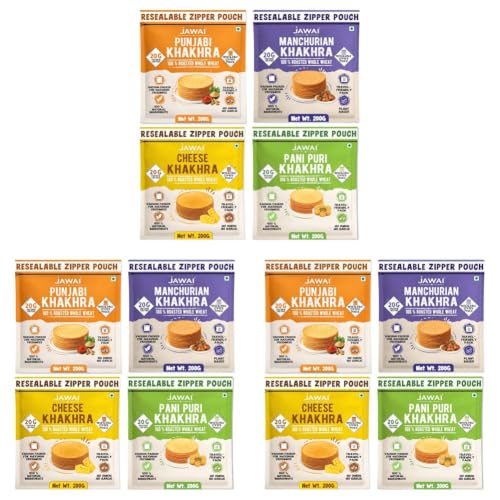 Image of JAWAI ROASTED WHOLE WHEAT KHAKRA COMBO- Punjabi, Manchurian, Cheese, Pani puri Khakhra, Plant Based, Ready To Eat Healthy Snacks Vaccum Packed (Pack of 12-200 gms each)