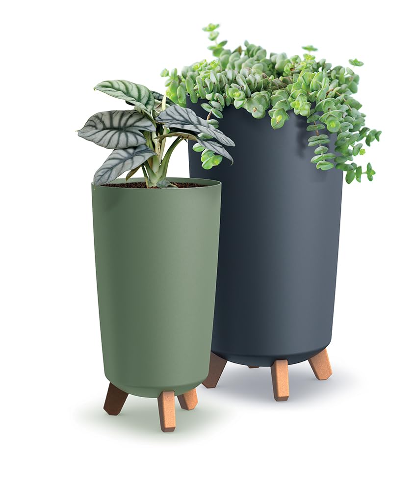 2 vasi da fiori rotondi, diametro 24 cm x 44,5 cm e diametro 30 cm x 28,5 cm, con 4 piedini, vasi per interni ed esterni, decorazione per casa e giardino, verde