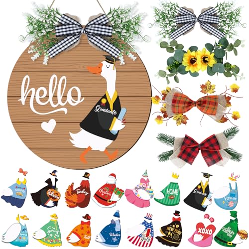 Seasonal Interchangeable Welcome Home Sign,Graduation Porch Goose Welcome Sign Front