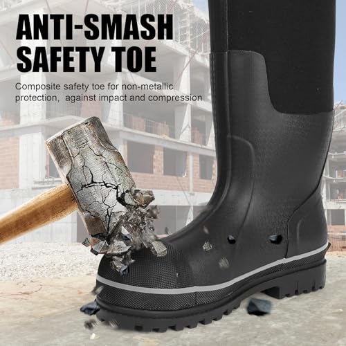 Kalkal Steel Toe Rubber Boots For Men, Waterproof Rubber Work Boots With Steel Shank, Puncture-Proof Safey Composite Toe Hunting Boots for Farming, Gardening, Fishing, Outdoor Work, Size 6-143