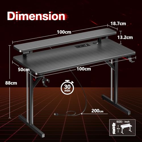 Scrivania Gaming con Luci LED e Prese di Corrente, 100cm Postazione Gaming con Supporto per Monitor, Scrivania Computer in Fibra di Carbonio Nera - Scrivania Gaming - Immagine 2