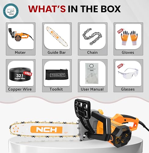Image of DVI Electric Chainsaw With 16-Inch Guide Bar With 2300 W High Power Motor With Low-Kickback System | Perfect For Cutting Wood, Pruning and Harvesting Firewood | With Free 32 Feet Wire