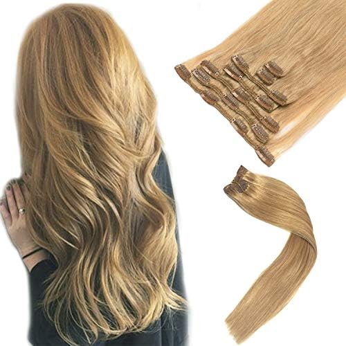Hair Extensions Clip in Human Hair, Strawberry Blonde Real Human Hair Extensions Clip-in 70G 7 Pieces Silky Straight Double Weft Remy Human Hair Extensions Clip on 22 Inch for Women