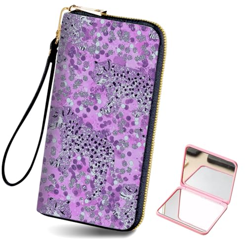 Women's Card Holder Wristlet Wallet, Convenient Travel Long Wallet with Strap and Pink Compact Mirror, Fashion and Sturdy Wristlet Long Purse for Women, Glittery Cheetah
