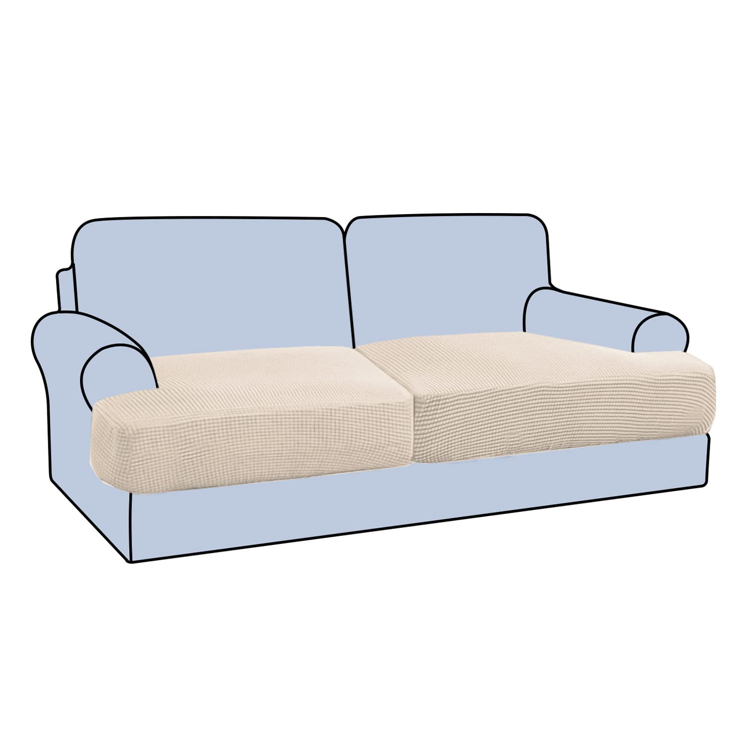 KYJSW T-shaped/Rectangular Sofa Cushion Cover, Tartan Stretch Non-slip Individually Sofa Slipcovers with Elastic Bottom and Straps (Beige,2-seater)