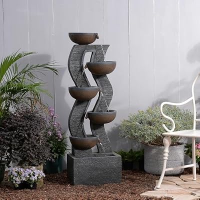 SERBILHOME 6-Tiered Garden Fountains Outdoor 52.8''H Waterfalls with Lights,Large Resin Patio Fountain, Cascading Waterfall Feature for Patio,Yard, Deck, House Decor, Wave Design with Bowls