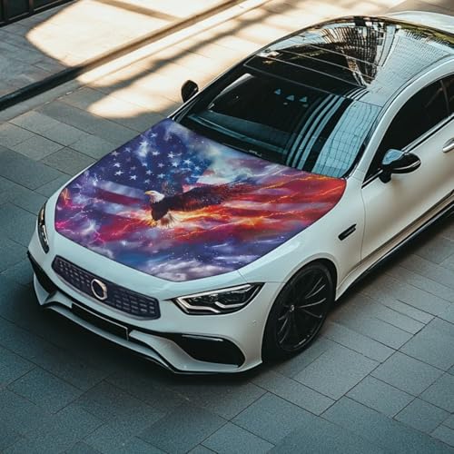 Image of USA Flag Eagle Car Hood Cover Cool Lightning Design Auto Hood Flag 4th of July Patriotic Decorations Waterproof Sunproof Stretchable Automotive Exterior Accessories