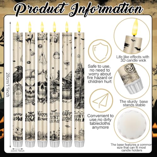 Image of Aurelema 6 Pcs Halloween LED Flameless Candle Set Vintage Gothic Taper Candles Battery Operated with Remote Skull Candles Raven Pumpkin Decorations for Home Halloween Party Favors Spooky Season Decor
