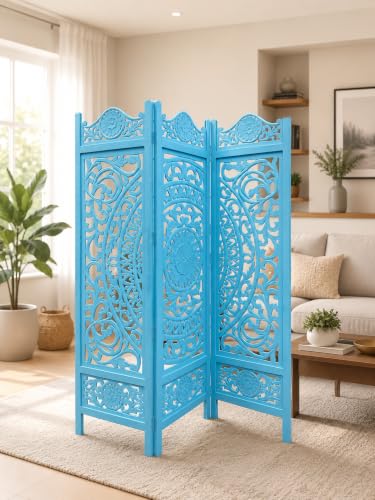 Image of Wooden Room Divider Partition for Living Room Bedroom & Office Foldable Modern Decorative Partition for Home, Pooja Room & Studio - Space Saving Freestanding (6 Feet 3 Panel Colour Blue)