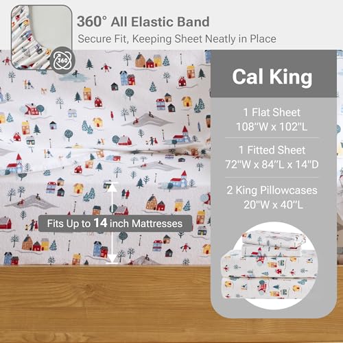 Image of Sleep Philosophy True North 100% Cotton Flannel Sheets Cal King Size, Cozy Flannel Sheet Set Brushed for Extra Softness, Heavyweight Novelty Print Warm Flannel Bedding Set, White Village Print 4 Piece