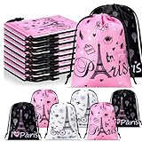 Cunno 24 Pcs Paris Drawstring Bags Favors Eiffel Tower Gift Bags Bulk Paris Birthday Decorations 7.1 Inch Pink White Black Treat Drawstring for Girls Women Gym Birthday Tea Party Supplies