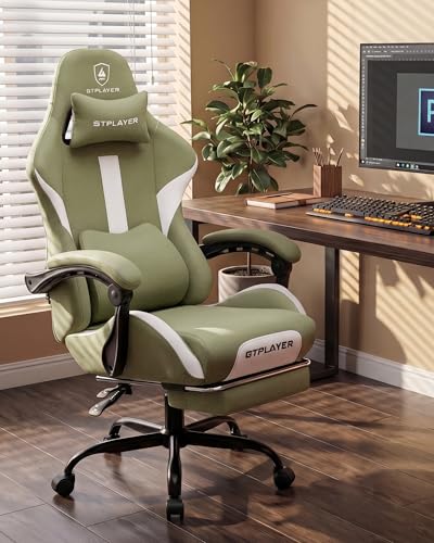 Image of GTPLAYER Gaming Chair with Foot Rest & Pocket Spring Cushion, Ergonomic High Back Computer Desk Chair with Headrest & Lumbar Support for Back Pain Relief, Breathable Fabric, Green
