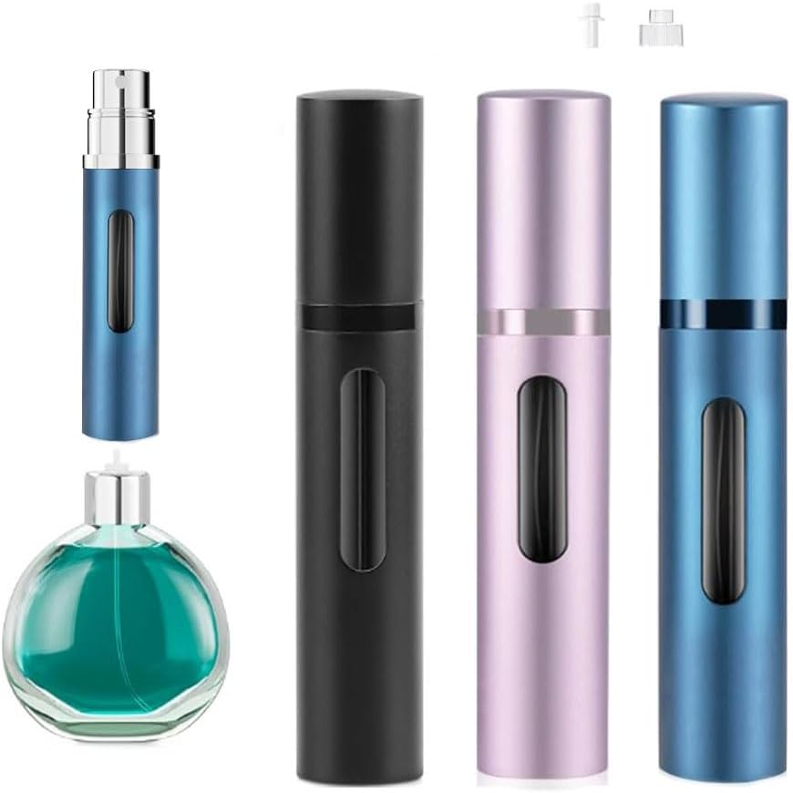 3-Pack 10ml Refillable Travel Perfume Atomizer, Leakproof Bottom-Fill Spray Bottle, Compact Reusable Fragrance Dispenser for Women Men Gift (Black+Blue+Pink)