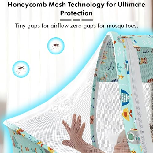 Image of StarAndDaisy Baby Mosquito net for Baby 0-12 Months with Mattress & Head Pillow for Infants, Toddlers, Baby, Breathable mesh-Mosquito Net for Baby's Peaceful Sleep - Aqua Print