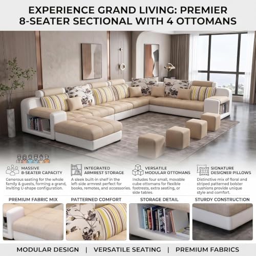 Image of Torque Callister 12 Seater Sofa Set for Living Room (Beige) | Interchangeable U Shape Sectional Sofa | Solid Wood Frame & High-Density Supersoft Foam | Includes Puffy & Stool | Modern Home Furniture