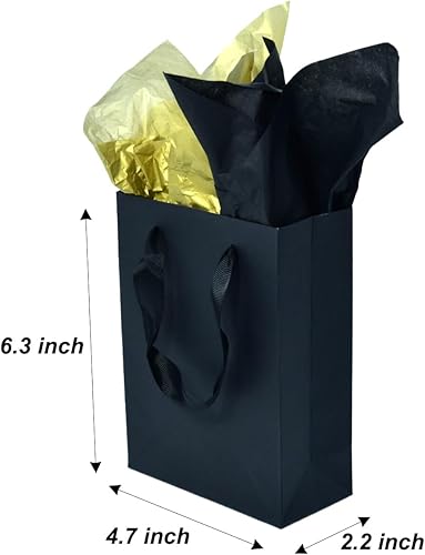 Miniatura 8 de JUNESHE Bolsas de regalo pequeñas con asas y papel de seda, paquete de 4 mini bolsas de regalo negras, bolsas negras extra pequeñas, envoltura de
