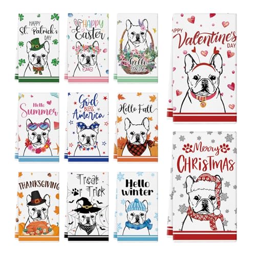 QIONG MENG 11 Pcs French Bulldog Kitchen Towels 14x21 Inch Puppy Dog Dish Towels Seasonal Christmas Mother Day Gift Holiday Hand Towels for Home Kitchen Bathroom Decoration