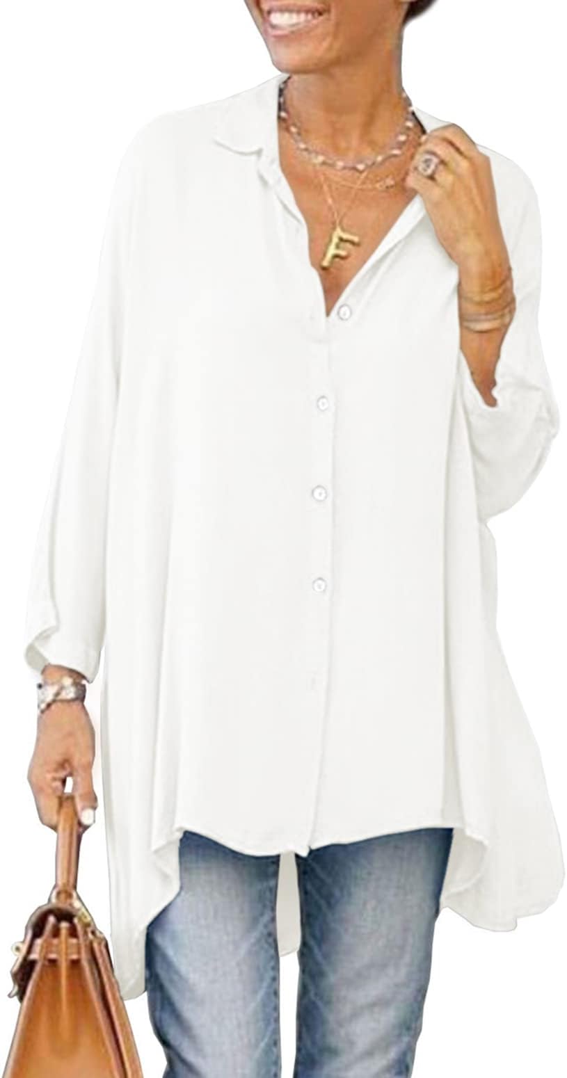 Womens Oversized T Shirts Button Down Long Sleeve Shirt V Neck Collar Loose Flowy Blouse