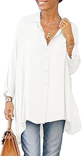 Womens Oversized T Shirts Button Down Long Sleeve Shirt V Neck Collar Loose Flowy Blouse