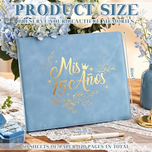 Image of MotiMind Quinceanera Guest Book with Pen 11 x 8 Inch Libro De Firmas Para 15 Anos Quinceanera Leather Hardcover Signature Book Guest Sign in for 15th Party Favors Decoration(Blue,Fresh)