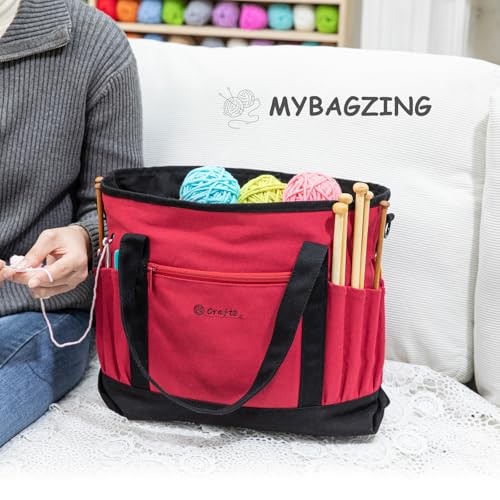 Image of Canvas Yarn Storage Organizer Bag Washable Crochet Bag with Pockets for Yarn, Hooks, Needles - Travel Knitting Tote for Crafters - Gift for Crocheters & Knitters (Medium /Large)