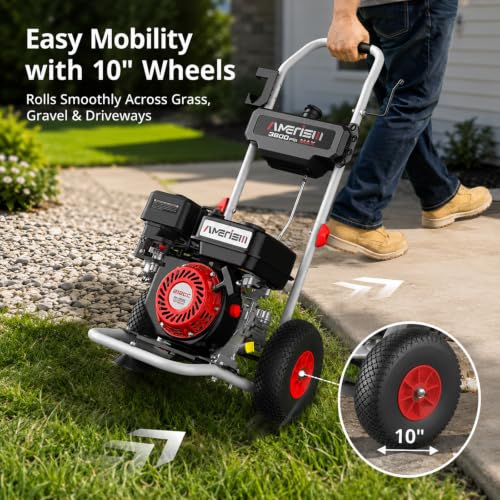 Image of AMERISUN 3800 PSI Gas Pressure Washer 2.5 GPM with 212cc 4-Stroke OHV Engine, 5 Quick-Connect Nozzles & 10 inch Wheels, Heavy Duty Power Washer for Driveways, Cars, Patios, Decks & House Siding