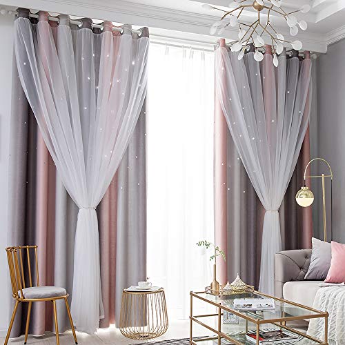BHUSB Gradient Ombre Stars Curtains Draperies for Kids Girls Bedroom Living Room Double Layers Blackout Gray Pink Grommet Window Curtains,Thermal Insulated 2 Panels,40x52 Inch