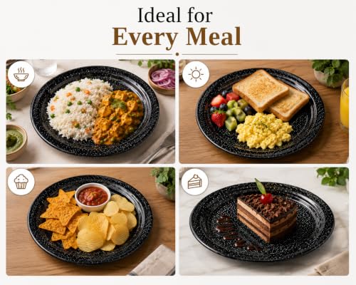 Image of Melvio By Malti Black Granite 3 Piece Dinner Plate | Melamine Dinnerware Set, Premium Dinner Set Crockery Plates Bowls Tableware for Home Dining Kitchen