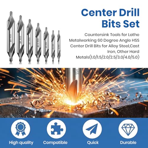 Image of Serplex 7 Pieces Center Drill Bits Set M2 High Speed Steel Center Drill Kit Lathe Tools with 60-Degree Angle for Lathe Metalworking and Precision Drilling in Size 1.0 1.5 2.0 2.5 3.0 4.0 5.0
