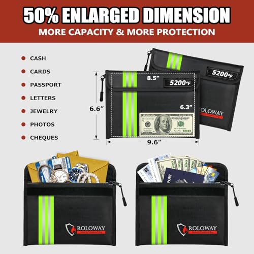 Image of ROLOWAY Fireproof Bag (9.6 x 6.6 inches) 5200℉ Heat Insulated with Reflective Strip, Fireproof Money Bag with Zipper for Cash (2-Pack Black)