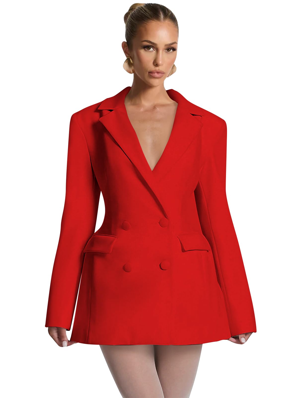 Blazer Dress for Women Notch Lapel Button Suit Bodycon Long Sleeve Bridesmaid Dresses with Pockets