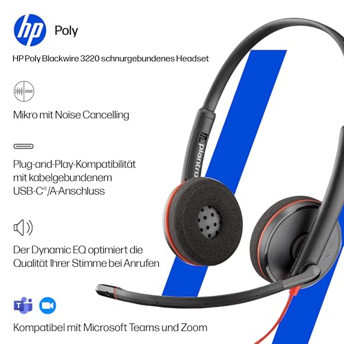 Poly Blackwire 3220 schnurgebundenes USB-C-Headset, Noise Cancelling-Mikrofon, Stereo-Design, Verbindung mit PC/Mac über USB-C oder USB-A, Kompatibel mit Teams/Zoom, SoundGuard-Technologie