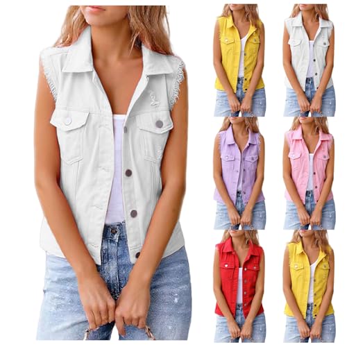 Womens Denim Vest Casual Waistcoat Frayed Sleeveless Jacket Distressed Denim Jean Vest with Chest Pockets4